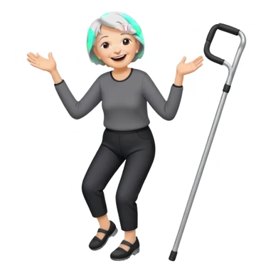 old woman with short hair, dressed with pants, laughing and dancing with crutches sticker