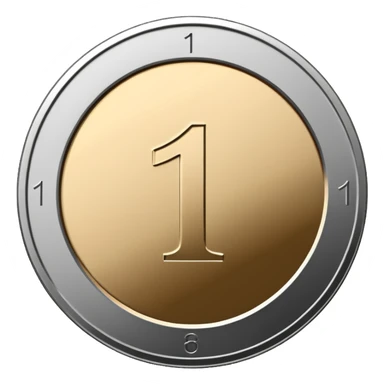 Emoji icon of a metal coin with engraved number 1, minimalist style, isolated, only metal color sticker