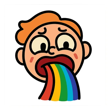 a cartoon face throwing up a rainbow, exaggerated expression sticker