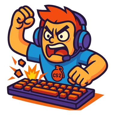 CS2 rage, cartoon gamer smashing keyboard, vibrant colors sticker