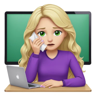 lady with long wavy blonde hair, purple top, green eyes, at desk with hand holding tissue to her eye and crying, with a purple mac laptop  sticker