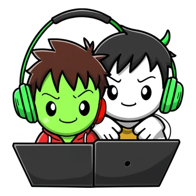 Green Luffy and green Alastor wearing headphones listening to music together sticker