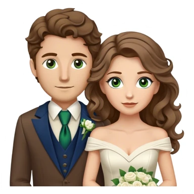 A bride and groom. Bride has brown hair with soft curls, has green eyes, wears an off shoulder dress. Groom, dark blue eyes, hair is blond, wears a brown suit with a brown vest and a bolo tie. sticker