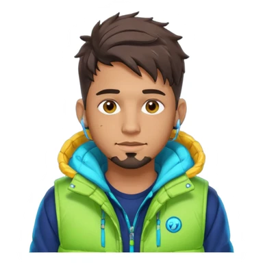 Cyberpunk street adult, hispanic, male, messy undercut, puffer vest over hoodie, glowing earpiece, light stubble, brown eyes, neon reflections sticker