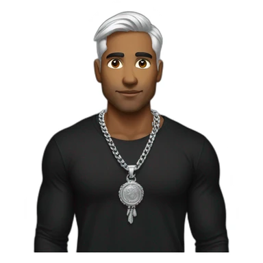 A strong Indian man wearing men silver chain,styled on a Full sleeve black tshirt sticker