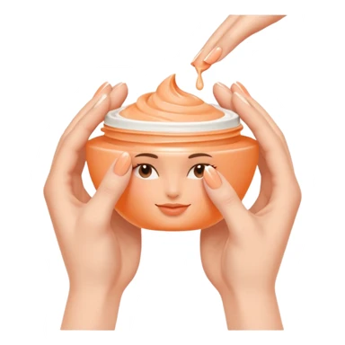 Minimal emoji of hands gently applying skincare cream, soft nude and peach tones, clean beauty aesthetic, calm and elegant, subtle glow sticker