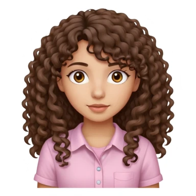 A Latina girl with brown eyes and long loose curly hair with curly bangs with a light pink shirt sticker