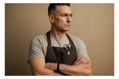 shu pozada turgan faqat chap tarafga qarab turgan sartarosh ustani tasvirlab ber realistik uslubda yoshi kattaroq soqol shart emas sticker