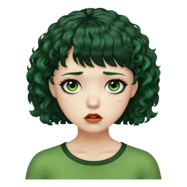 quero que você cria uma mulher, o rosto dela. nela, ela tem cabelo curto e ondulado, tem franja e ela tem semblante triste, deixe ela com pele verde e com cabelo cacheado( ela tem que ter semblante assustador e muito triste, ela pode ter olhos totalmente preto ou vermelho) sticker