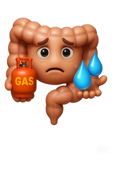 EMOJI STILE IPHONE DI un'intestino preoccupato che ha una bombola di gas con la scritta "GAS" SOPRA in mano e due gocce di acqua in 3d nell'altra mano, IPERREALISTICO 4K sticker