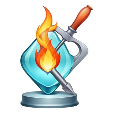 Glassworking icon, piece of glass being shaped with tools, glass cutter, flame for glassblowing, smooth edges, sparkling texture, minimalistic style, clean lines, transparent background. sticker