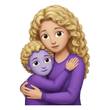 a mother with blond curly long wearing purple hugging his son with brown hair and like saying its okay sticker