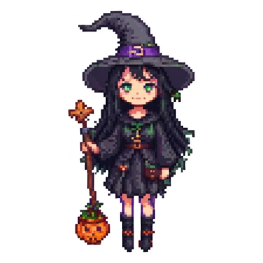 A cute witch with black hair and black eyes, pixel art style, full body. sticker