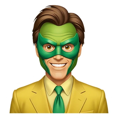 Icon for The Mask Movie: A vintage movie poster-style design with Jim Carrey’s iconic green mask, exaggerated facial expression, and comedic pose. Include elements like the yellow suit, cartoonish transformations, and bright, energetic colors. Retro cinematic feel. Transparent background. sticker