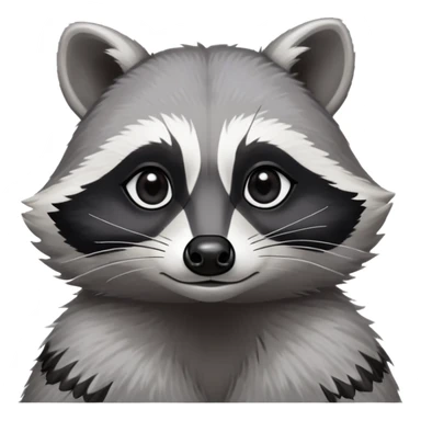 Cinematic-Noble-Raccoon-Portrait-Emoji – Poised and confident, with a sturdy build and a beautifully textured fur of silver-grey accented by dark black facial markings, deep-set, large big black eyes revealing no white, simplified yet sharp and sophisticated zoom out to show shoulders sticker