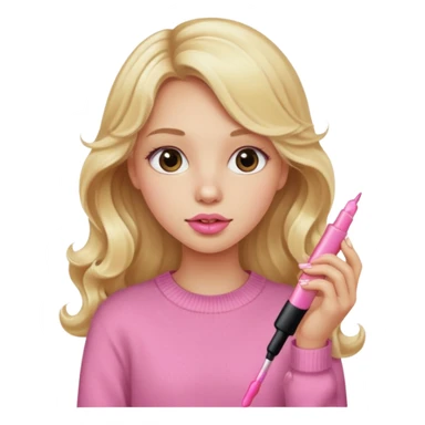 A long curled blonde haired  young girl with a pink sweater and holding a lip gloss sticker