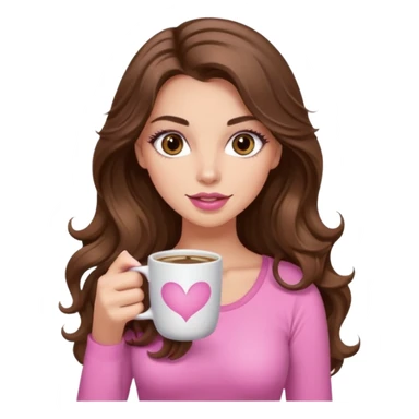 girl with long wavy brown hair, brown eyes, long lashes, pink lips, light to medium complexion, pink sexy top, with a coffee mug sticker