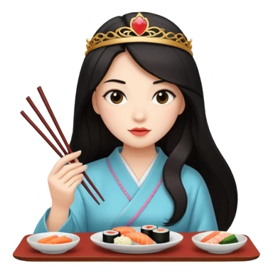 czarnowłosa ksieżniczka w dlugich wlosach je sushi sticker