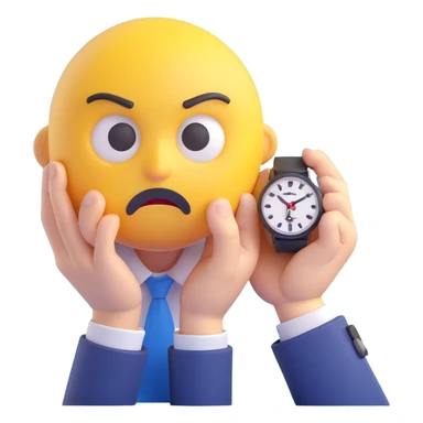 A yellow emoji face with a worried expression, looking at a wristwatch with raised eyebrows, showing urgency and stress sticker