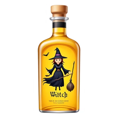 a yellow liquor bottle with a witch on the packaging sticker
