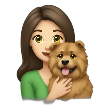 A green-eyed brunette holding a chowchow sticker