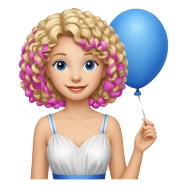 Woman curly blonde with blue balloon, white dress sticker