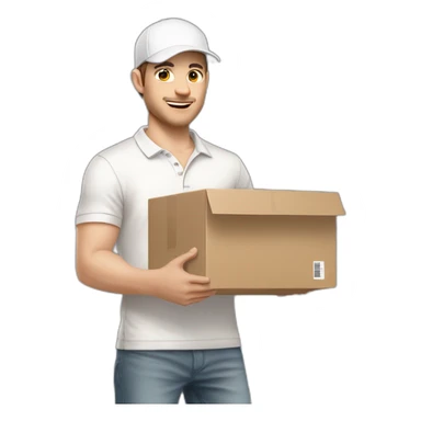 Pale skinned fit Man with dark brown hair in a white cap, gray jeans and beige polo T-shirt keeping a pasted box into his hands sticker