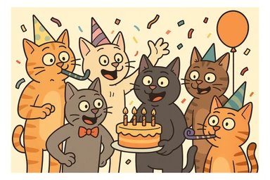 six male cats celebrating at a birthday party, festive, colorful, playful, each cat with a unique party accessory, cartoon style sticker