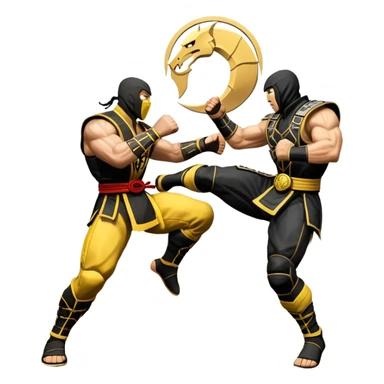 An icon showing two fighters in combat poses, inspired by Mortal Kombat. One character delivers a powerful kick, while the other blocks. The background features an iconic arena from the game with life bars at the top, symbolizing intense battles. Transparent background. sticker