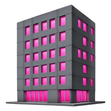 Nighttime scene of a Russian concrete panel building, dark gray rectangular structure against night sky, one window with intense bright pink UV grow light glowing in the darkness sticker