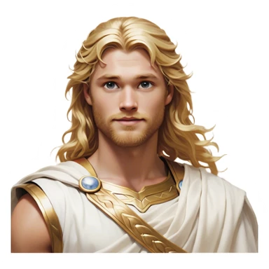 Cinematic Realistic Thor Portrait, head tilted playfully and inquisitively, showcasing his classical Greek god allure with a relaxed, yet commanding presence. His fair, radiant skin and flowing, wavy golden hair are highlighted by a gentle smile and twinkling, approachable eyes. Clad in a gracefully draped white toga with subtle golden embellishments, he exudes a lighthearted yet powerful charm under soft, natural lighting. sticker