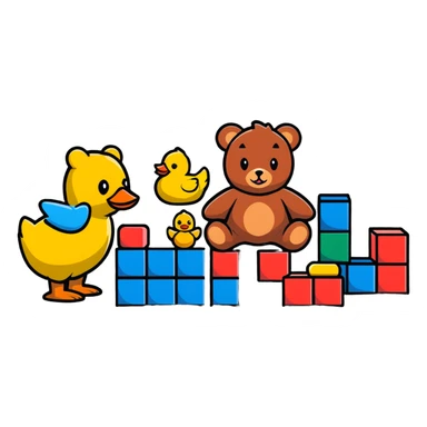 scattered children's toys on floor - teddy bear, rubber duck, blocks, ball, action figures sticker