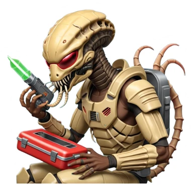 The Predator, as in the 1987 movie, with full armor, shoulder laser gun and mask eating an Alien facehugger from a lunchbox, the setting should be dark and sci-fi. sticker