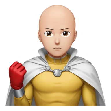 Saitama from One Punch Man, bald head, blank expression, yellow hero suit with white cape, red gloves sticker
