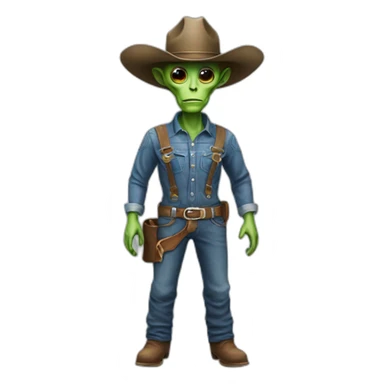realistic alien wearing a cowboy hat and overalls sticker