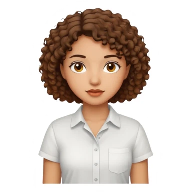 A Latina girl with brown eyes and short curly hair with a white shirt sticker
