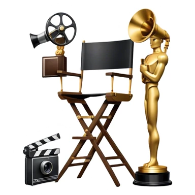 Professional icon for Directing: a collage featuring a director's chair, a film camera, a megaphone and an Oscar trophy. The icon should represent the craft and creativity of film directing, with emphasis on leadership and cinematic artistry. Transparent background. sticker
