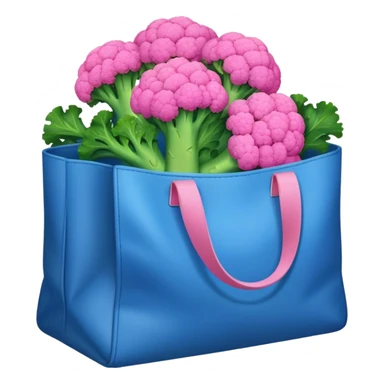 A blue bag full of brocoli that's colored pink sticker