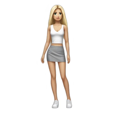 hyperrealistic caucasian blonde, long straight hair, white deep v-neck crop tanktop, gray tight mini skirt, walking body view sticker