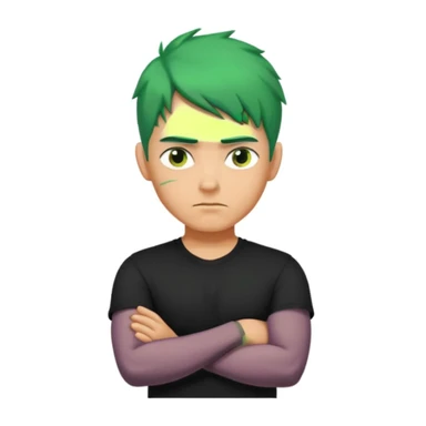 a man with his arms crossed over his chest, green hair, and serious eyes sticker