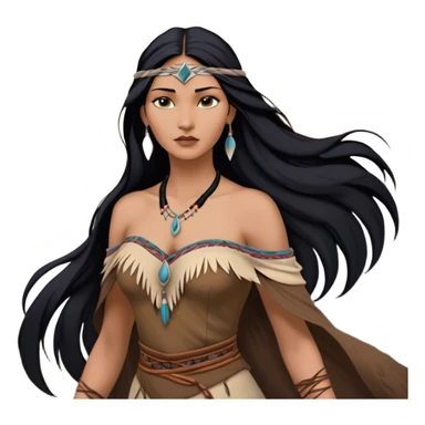 Cinematic Realistic Pocahontas Portrait, depicted with lifelike skin texture, soft natural lighting, and intricately detailed long, flowing raven-black hair that moves gracefully in the wind. Her deep, soulful dark brown eyes exude wisdom and strength, complemented by a serene yet powerful expression. She is dressed in her classic one-shoulder native american dress, with rich fabric textures and delicate beaded details that catch the light beautifully. The portrait features a soft, sun-kissed glow with a natural, radiant finish, capturing the essence of untamed beauty and deep connection to nature in a realistic and painterly style, evoking a sense of depth and authenticity. sticker