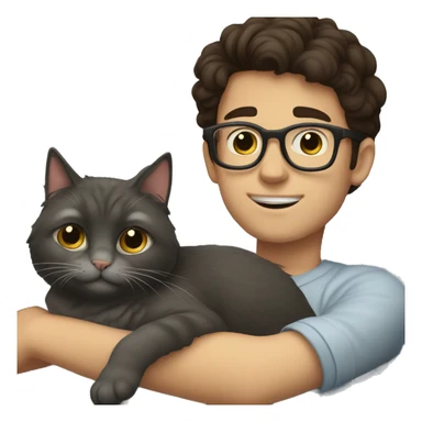 A boy with dark brown hair and glasses is laying with his grey cat sticker