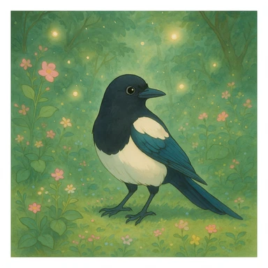 Eurasian magpie, ghibli style, gentle and magical atmosphere sticker