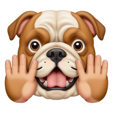 British bulldog dog with hands out in front of face in a surprised pose sticker
