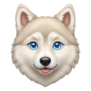 Beige husky with blue eyes and a big heart sticker