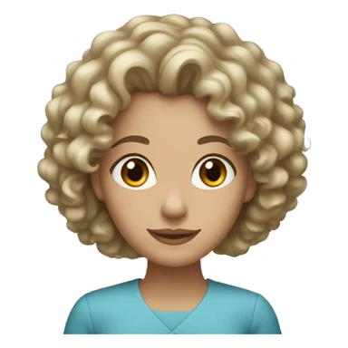 A brunette woman with curly hair with brown eyes and a blonde blue eyes sticker