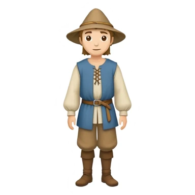 Full body of medieval peasant commoner in simple cloth clothing and hat sticker