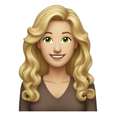 middle aged woman with blond and brown long wavy hair, green eyes and a smile wearing hoop earrings sticker