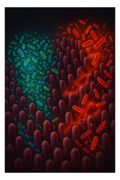 Scientific visualization of a man's intestinal lining. A healthy, diverse garden of glowing blue and green probiotic bacteria is being overtaken and outnumbered by aggressive, inflammatory red and orange pathogenic bacteria, creating patches of damage and imbalance. Dark, clinical background. sticker