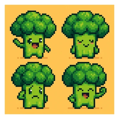 Create more broccoli images in pixel art style with different poses and expressions. Maintain the pixel art aesthetic and vibrant colors consistent with the original broccoli image. sticker